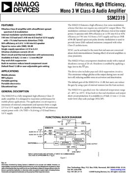 SSM2319. Filterless, High Efficiency, Mono 3 W Class-D Audio Amplifier