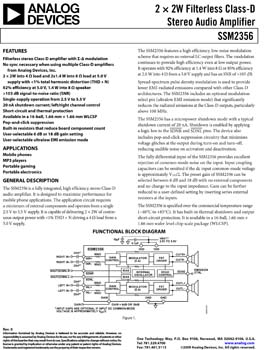 SSM2356. 2 x 2W Filterless Class-D Stereo Audio Amplifier