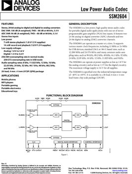 SSM2604. Low Power Audio Codec